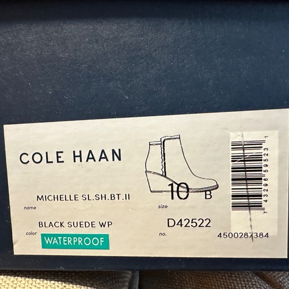 Cole Haan "Michelle" Waterproof Suede Shearling Lined Wedge Ankle Boots in Black - Picture 4 of 4